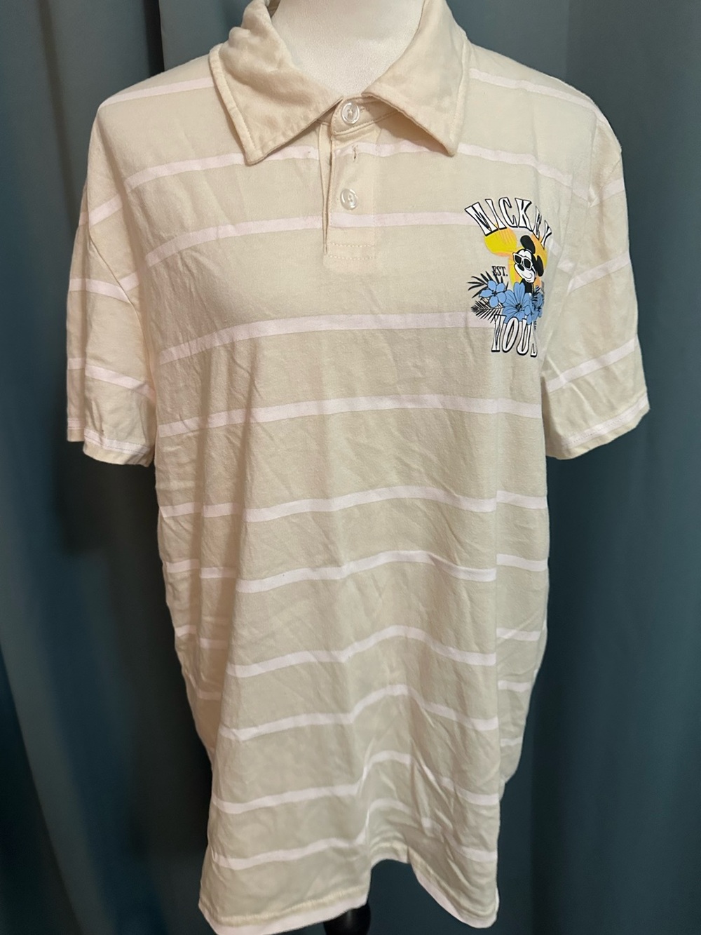 Disney Mickey Mouse Polo Shirt Men’s L Cream Striped Tropical Graphic Sunglasses